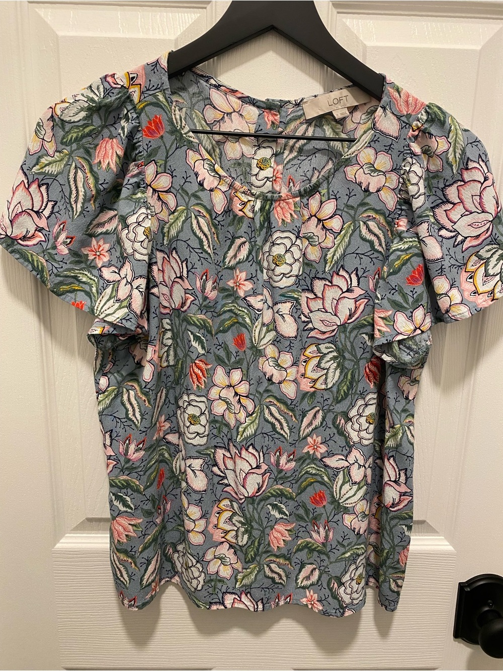 LOFT Blue Floral Short Sleeve Top with Pink & Green Accents